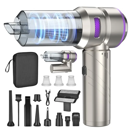 Fwiull Aspirador de Mano,18000 PA Aspiradora de Coche Potente Portátil Recargable, 4 En 1 Aspirador de Coche Y Soplador de Polvo Ligero,3 Niveles de Succión, para Casa/Pelo de Mascota, Plateado