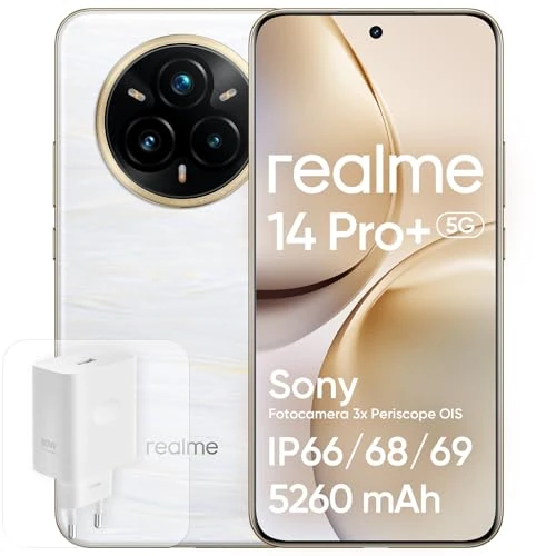 Zeitlich begrenztes Angebot: realme 14 Pro+ 5G Android Smartphone, 8+ 256 GB, Sony IMX896 OIS-Kamera, Trendiges Design mit wechselnden Farben, IP69, 6,83" 120-Hz-Display, 5260-mAh-Akku, Weiß (Mit Adapter) von 339.00 € auf 339.00 € (0.00% Rabatt)