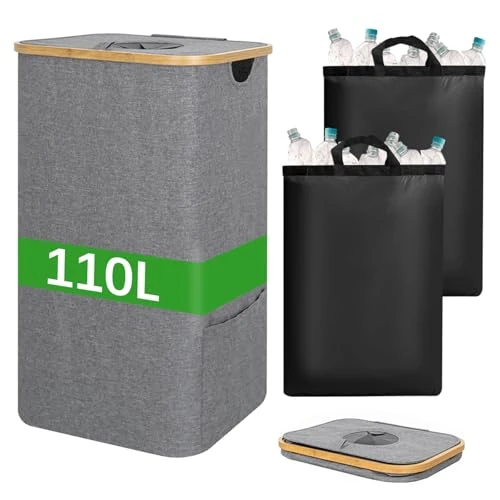 FYting Cesto Portabiancheria,110 L Portabiancheria Sporca Salvaspazio,XXL Cesta Portabiancheria Pieghevole con 2 pezzi Borsa Interna Impermeabile Rimovibile/Borsa di Stoccaggio Laterale (Grigio)
