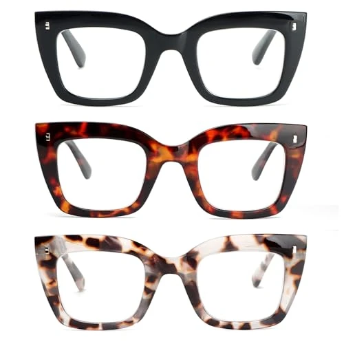 KoKoBin 3 opakowania oversized kwadratowe okulary do czytania dla kobiet, anty-niebieskie światło ze sprężynowymi zawiasami, 3 sztuki