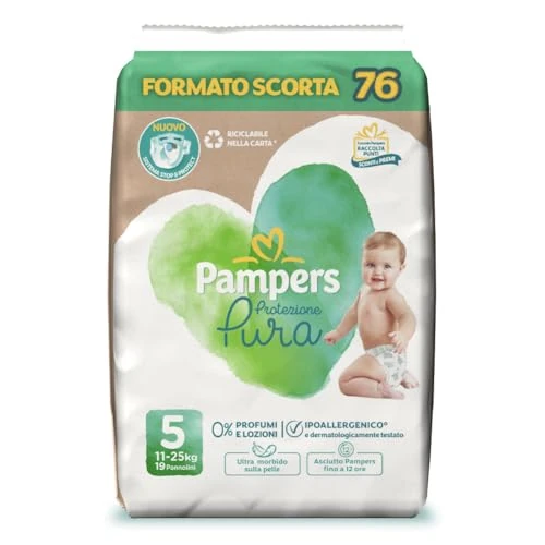 Pampers Protezione Pura, Taglia 5 (11-25 kg), Ipoallergenico, Barriera Stop&Protect, Anti-Fuoriuscite, Formato Scorta, 0% Profumo e Lozioni, Pelli Sensibili, Ultra Morbido, 76 Pannolini Bambino