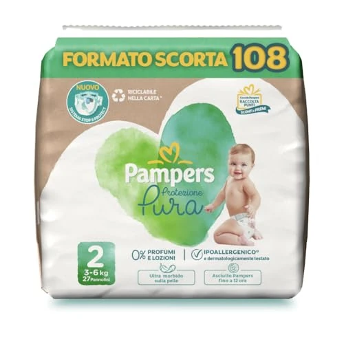 Offerta a tempo: Pampers Protezione Pura, Taglia 2 (3-6 kg), Ipoallergenico, Barriera Stop&Protect, Anti-Fuoriuscite, Formato Scorta, 0% Profumo e Lozioni, Pelli Sensibili, Ultra Morbido, 108 Pannolini Neonato - 35% da 44.80 € a 29.12 €