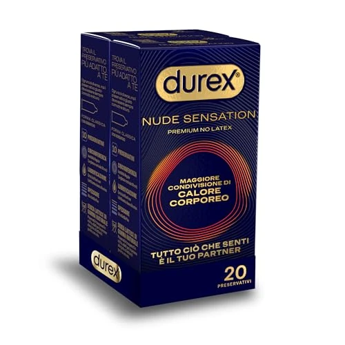 Durex Nude Sensation, Preservativi in Nitrile, Senza Lattice di Gomma Naturale, Ultra Sottili ed Extra Lubrificati, Maggiore Condivisione di Calore Corporeo, vestibilità Regular, 20 Profilattici