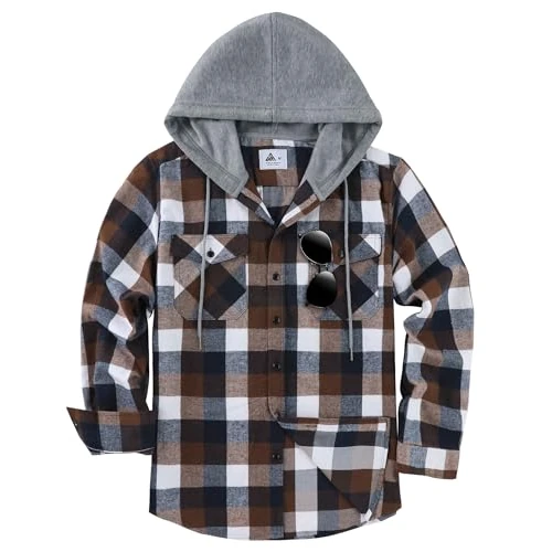 JACKETOWN Flannel Shirt Men's Shirt Checked Shirt with Hood Shirt Men's Long Sleeve Regular Fit Checked Shirt Lumberjack Shirt Cotton Cuddly Casual Shirts with Chest Pocket M-3XL, Black / White