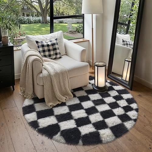 Offerta a tempo: HUGEAR Tappeto Rotondo 120cm Pelo Lungo a Quadri Rotondo Nero Bianco Morbido Tappeti Antiscivolo Moderno Camera da Letto Cucina Salotto Sala Scendiletto Esterno Bambina Bambini Tappeti - 38% da 29.99 € a 18.52 €