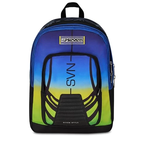 Seven Schoolrugzak Freethink Nuanced, blauw geel, dubbel vak met pc-tas en drinkfles, inhoud 34 liter, middelbare en bovenste scholen, voor jongens en meisjes