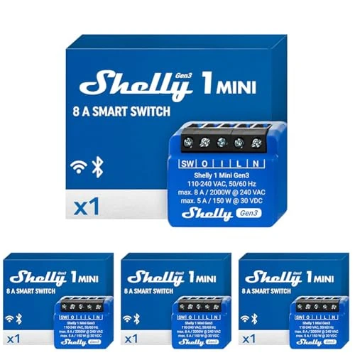 Offerta a tempo: Shelly 1 Mini Gen3, Relè Intelligente WiFi e Bluetooth, 1 Canale, 8A, Domotica, Contatti Puliti, Controllo Remoto Luci, Dimensioni Compatte, Alexa e Google Home, iOS e Android, Nessun Hub Necessario - 4% da 79.96 € a 77.08 €