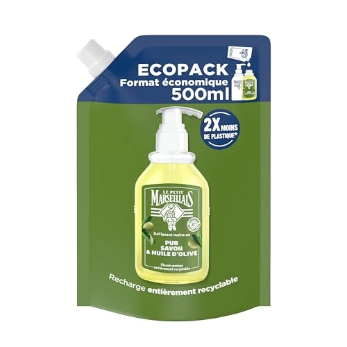 Le Petit Marseillais Ricarica Gel Lavant Mani Puro Sapone & Olio d'Oliva (Ecopack da 500 ml) - Ricarica Sapone Liquido per Bottiglia Pompa - Sapone Mani Arricchito con Olio d'oliva