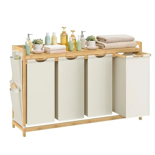Offerta a tempo: SONGMICS Cesto Portabiancheria a 4 Scomparti, Cesto Biancheria Sporca in Bambù, 200 L, Porta Biancheria con Piano, Tasche Laterali, 4 x 50 L, 124,6 x 33 x 78 cm, Bianco Crema RLH120W01 - 13% da 71.99 € a 62.89 €