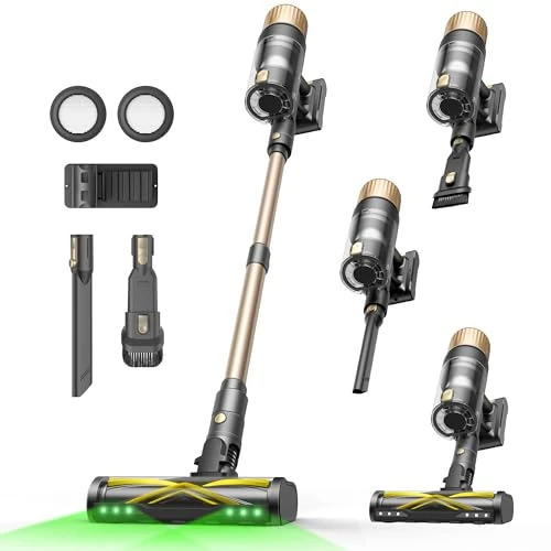 Ultenic Bezprzewodowy odkurzacz do odkurzacza, 50 Kpa/65 min, mocny bezprzewodowy odkurzacz, regulowany drążek teleskopowy, samonośna konstrukcja, technologia GreenEye, do dywanów, twardych podłóg