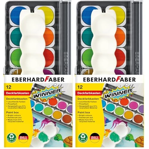 Eberhard Faber 578312 - Scatola di acquerelli Winner, 12 colori con bianco opaco e tavolozza di miscelazione (Confezione da 2)