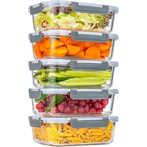 Oferta limitada: KUMD Paquete de 5 recipientes de vidrio para almacenamiento de alimentos de 36 onzas con tapas de cierre hermético (1040ml) - Cajas de comida y almuerzo a prueba de fugas, aptas para horno, microondas de 59.99 EUR a 54.99 EUR (ahorro 8%)
