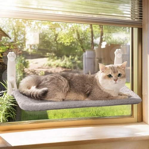 MEWOOFUN Cat Window Bed Hammock for Indoor Cats - Foldable Cat Window Perch w/Reversible Mat, Upgrade Strong Suction Cups Sturdy (Grey, M)