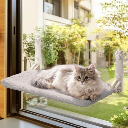 MEWOOFUN Zachte kattenraamhangmat – 54x30cm opvouwbaar kattenraambed met omkeerbare mat, stabiele kattenhangmat tot 18kg (grijs, S)