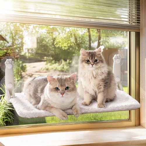 MEWOOFUN Cat Window Bed Hammock for Indoor Cats - Foldable Cat Window Perch Reversible Mat, Upgrade Strong Suction Cups Sturdy (Beige, L)