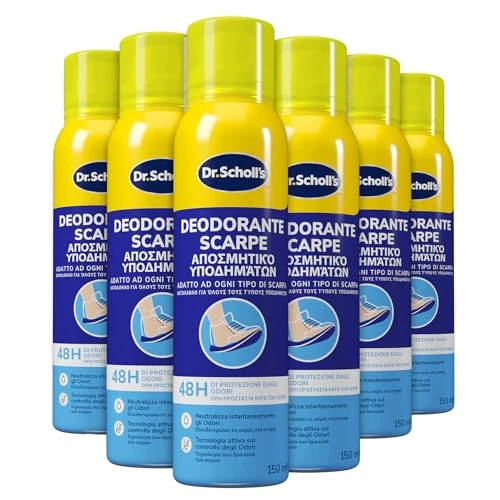 Dr. Scholl's, Desodorante en spray para zapatos con tecnología activa sobre el control de olores, elimina y protege de los malos olores durante 48 h, apto para cualquier tipo de zapato, 6 botellas de