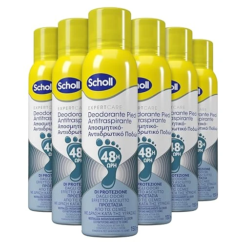 Scholl ExpertCare Deospray für Füße, beseitigt und schützt vor schlechten Gerüchen für 48 Stunden, langanhaltendes Frischegefühl, 6 Flaschen à 150 ml