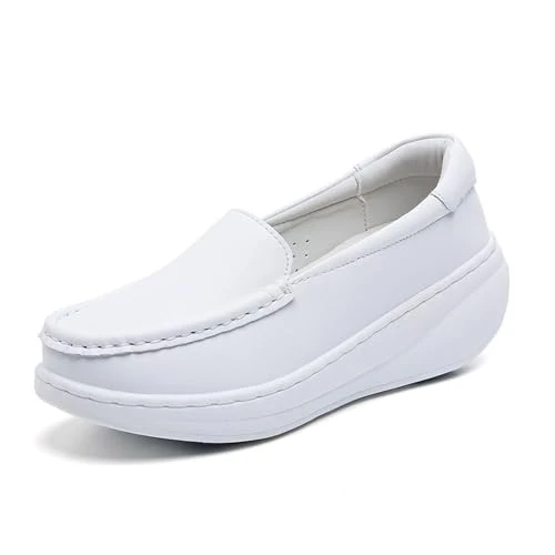 Damskie Platformowe Wsuwane Antypoślizgowe Oddychające Skórzane Pielęgniarskie Buty Robocze, Buty Ortopedyczne Air Cushion W Kolorze Białym Na Koturnie, Dla Pracowników Służby Zdrowia(White,41 EU)