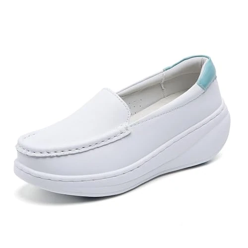 Damskie Platformowe Wsuwane Antypoślizgowe Oddychające Skórzane Pielęgniarskie Buty Robocze, Buty Ortopedyczne Air Cushion W Kolorze Białym Na Koturnie, Dla Pracowników Służby Zdrowia(White blue,39 EU