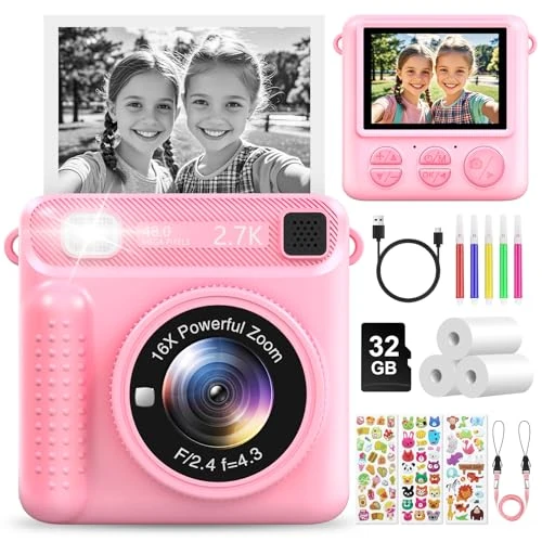 LUVTOY Instant camera voor kinderen, 1080p, 2,4 inch scherm, kindercamera met 32G-kaart en printpapier, kinderspeelgoed, verjaardag, Kerstmis, cadeaus voor jongens en meisjes van 3-12 jaar
