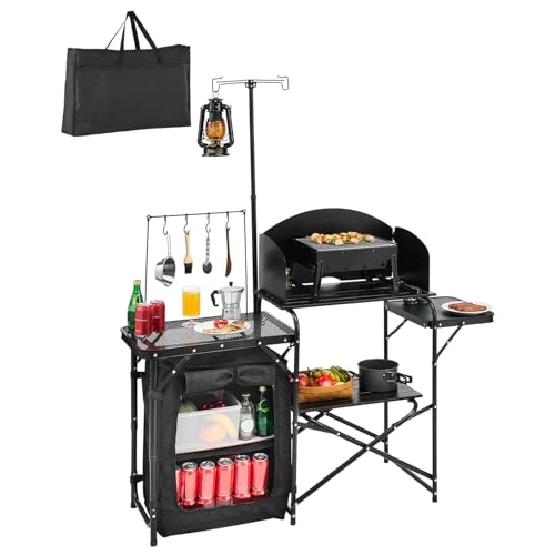 Offerta a tempo: VEVOR Tavolo da Cucina da Campeggio all'Aperto, Stazione di Cottura Portatile in Alluminio con Armadio Portaoggetti, Borsa per Trasporto, Parabrezza Staccabile, per Barbecue, Festa, Picnic, Nero - 42% da 76.17 € a 44.54 €