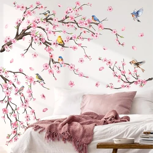 Offre limitee: Fufuquare Autocollant Mural en Vinyle d'arbres de Fleurs de Cerises Roses et de Oiseaux Sticker Muraux Pelable pour Chambre Salon Salle de Bains de 15.00 EUR a 11.05 EUR (economie 26%)