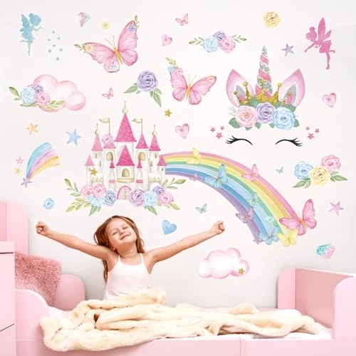 Oferta limitada: Fufuquare Vinilos para Pared de Arcos Iris Rosa de Dibujos Animados Rosas Mariposas Castillos Vinilos para Pared No Tóxicos para la Habitación de Niñas y Dormitorios de Niños de 15.00 EUR a 9.99 EUR (ahorro 33%)