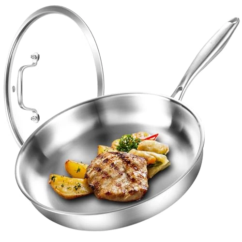 DELARLOCHEF Trójwarstwowa patelnia ze stali nierdzewnej z pokrywkami 24 cm, szybkie równomierne nagrzewanie, oszczędność energii, patelnia indukcyjna 24 cm, patelnia ze stali nierdzewnej do steków,