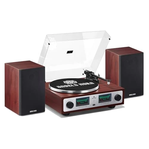 Offerta a tempo: ANGELS HORN Giradischi vintage, Giradischi Bluetooth HiFi con altoparlanti da scaffale, preamplificatore phono integrato, trasmissione a cinghia a 2 velocità, controllo del passo, pick-up AT-3600L - 21% da 298.98 € a 234.98 €