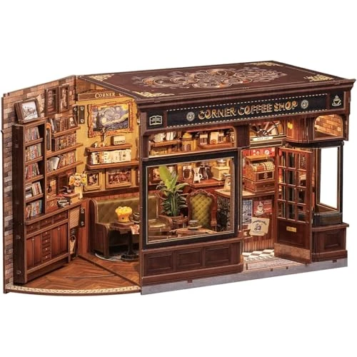 Tijdelijke aanbieding: CUTEBEE Book Nook Kit - DIY koffie poppenhuis met LED, retro miniatuurhuisjes bouwpakket, 3D-puzzel, uniek cadeau voor familie/vrienden (Corner Coffee Shop) van 53.99 EUR naar 53.99 EUR (korting 0%)