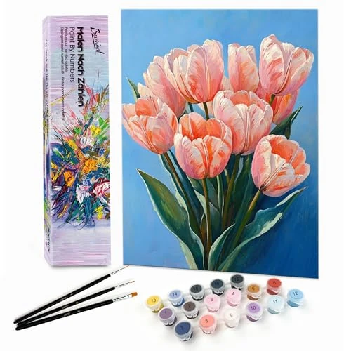 Bougimal Schilderen op nummer volwassenen landschap zonder frame inclusief penseel en acrylverf - 28x35cm, Tulp 2