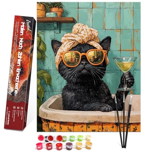 Bougimal Paint by Numbers Adults Animal with Brushes and Acrylic Paints Included – 40 x 50 cm, Cat Bathing, No Frame