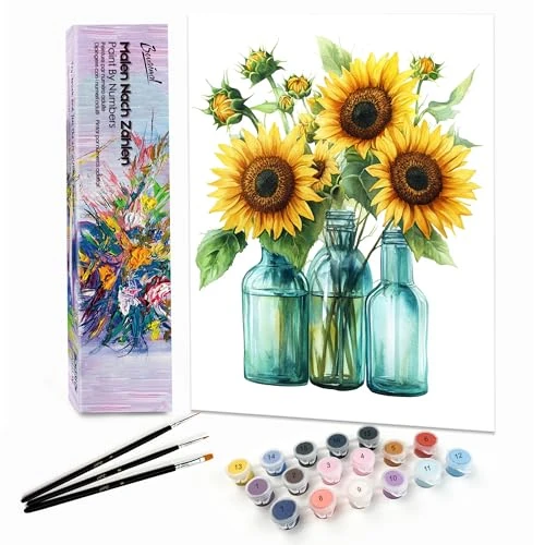 Bougimal Painting by Numbers Adults Landscape, Paint by Numbers Kit with Brushes and Pigment Acrylic Gift, Sunflower, Frameless 28 x 35 cm