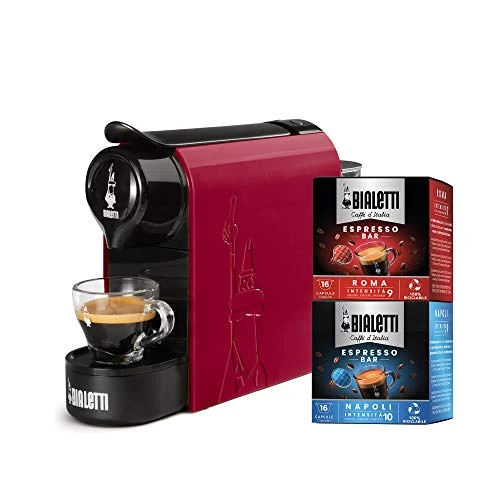 Bialetti Gioia, Macchina Caffè Espresso Incluse 32 Capsule, Funziona esclusivamente con Capsule, Rosso