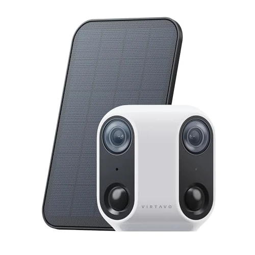 virtavo Cam XM1, Solar Security Cameras Wireless Outdoor, Dual 2MP Resolution, Color Night Vision, PIR Motion Detection, Battery-Powered, 2-Way Audio, Cloud/SD Storage EU