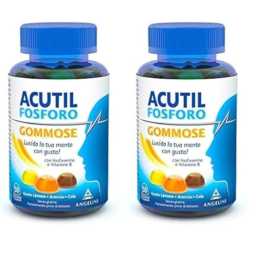 Acutil Fosforo Gommose, Integratore Multivitaminico Alimentare con Fosfoserina e Vitamina B6. Gusto Limone, Arancia, Cola, 50 Caramelle (Confezione da 2)