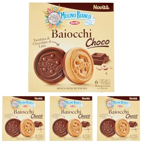 Mulino Bianco Biscotti Baiocchi Choco, Biscotto di Pastafrolla e Tavoletta di Cioccolato al Latte con Nocciole, Ottimi come Snack 144 gr (Confezione da 4)