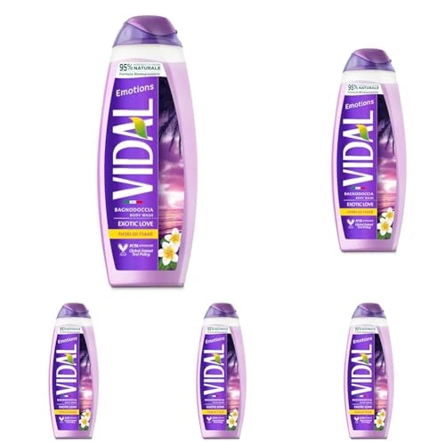 Offerta a tempo: Vidal - Bagnoschiuma Emotions, Formula Rivitalizzante, Exotic Love, Fragranza ai Fiori di Tiaré, Dermatologicamente Testato, 500ml (Confezione da 5) - 27% da 9.95 € a 7.25 €