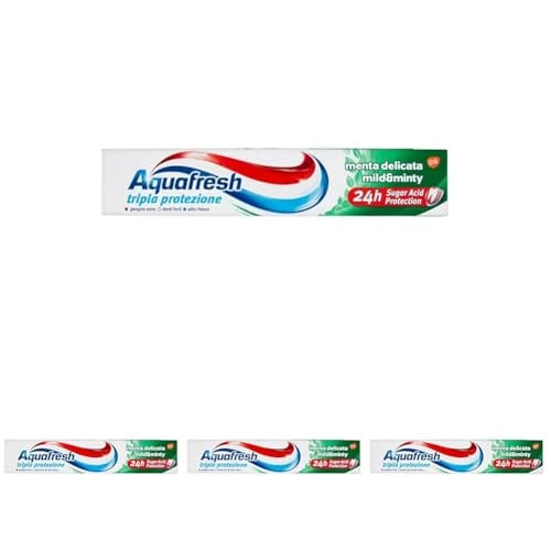 Offerta a tempo: Aquafresh Dentifricio Tripla Protezione, Formula clinicamente testata 3 in 1 per tutta la famiglia, Protegge le Gengive, Rinforza lo Smalto e Rinfresca l'Alito, Gusto Menta Delicata, 75ml - 36% da 6.20 € a 3.96 €