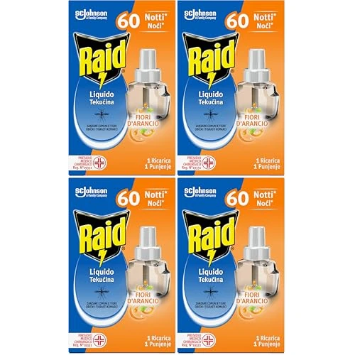 Offerta a tempo: Raid Liquido Elettrico Antizanzare Comuni e Tigre, Ricarica, Fragranza Fiori d'Arancio, 1 Confezione da 4 Ricarica da 36ml, 60 Notti - 53% da 23.16 € a 10.99 €