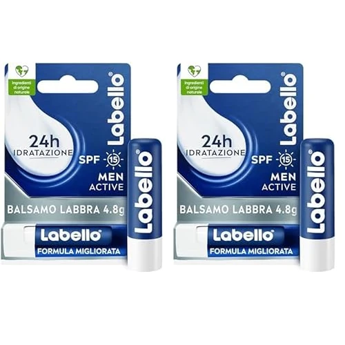 Offerta a tempo: Labello Active For Men 4.8 g, Burrocacao labbra SPF15, Balsamo labbra idratante con burro di karité e oli naturali, Burrocacao protezione solare fondente sulle labbra (Confezione da 2) - 12% da 5.98 € a 5.26 €