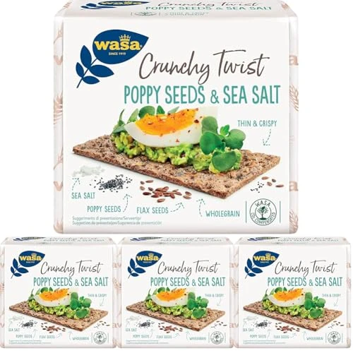Offerta a tempo: Wasa Crunchy Twist Poppy Seeds & Sea Salt, Cracker Integrali Ricchi di Fibre con Farina di Segale, Semi di Lino, Semi di Papavero e Sale Marino, Fette Sottili e Croccanti, Ideali come Snack, 245 g - 36% da 11.12 € a 7.16 €