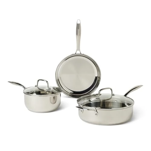 Limited-time offer: Amazon Basics Stainless Steel Cookware Set, 5-Piece Set, All Cooktop Friendly, Dishwasher-Safe from 52.49 £ to 52.49 £ (save 0.00%)