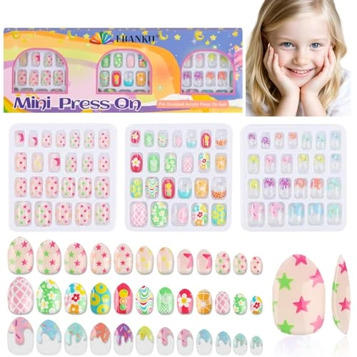 72 pezzi di unghie finte per bambini, EBANKU 3 confezioni di unghie finte per, colorate e carine per bambine dai 5 ai 12 anni con adesivo preapplicato