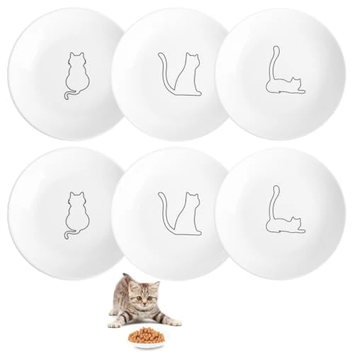6 sztuk płaskich misek dla kotów, 15 cm, miska na karmę dla kotów, przeciw wąskom - biała, ceramiczna miska na karmę dla kotów, ceramiczna miska na karmę dla kota