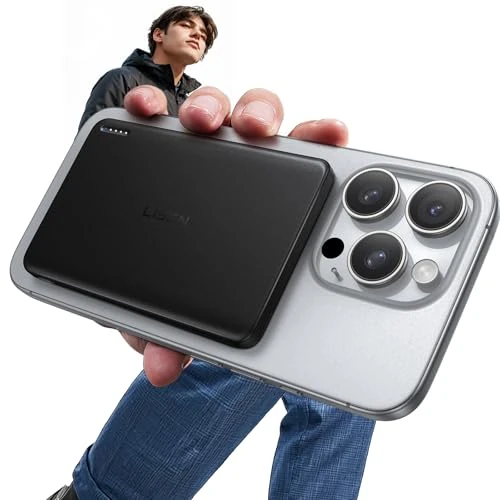 LISEN Externe batterij voor Magsafe iPhone, 0,8 cm, ultradun, Magsafe 5,000 mAh powerbank voor iPhone, draagbare reizen, externe mini-accessoires voor iPhone 16/15/14/13/12 Pro Mini, zwart