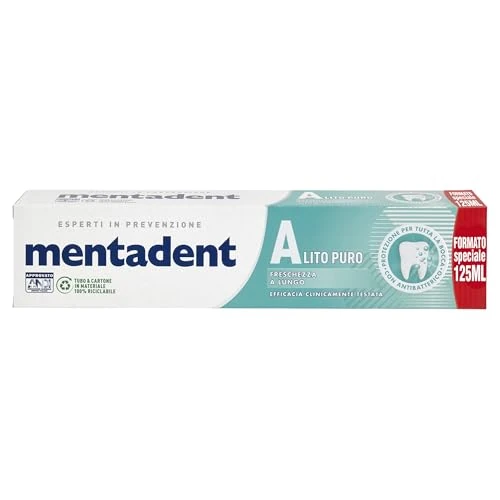 Mentadent Dentifricio Alito Puro, con Zinco Antibatterico, Microcapsule Purificanti per Protezione e Freschezza di Lunga Durata, Gusto Menta, con Essenze e Estratti Naturali, 125 ml