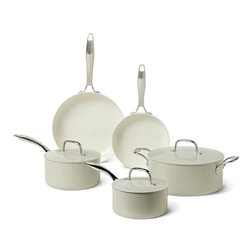 Offerta a tempo: Amazon Basics Pentole e Padelle Antiaderenti in Ceramica, Set di 8 Pezzi, Lavabili in Lavastoviglie e Adatte al Forno, Adatte a Tutti i Piani Cottura, Grigio Lino - 43% da 83.00 € a 47.45 €