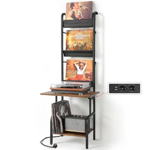 Bikoney Stojak na Gramofon z Gniazdkiem – Szafka na Płyty Winylowe z Półką na Do 200 Albumów, Organizer na Winyle z Mocowaniem do Ściany i Półką Ekspozycyjną