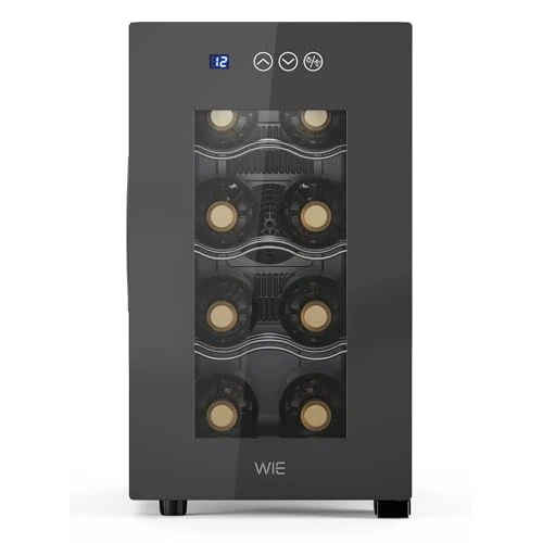 WIE Cave à Vin 8 Bouteilles, 23L Réfrigérateur à Vin, Mini Cave à Vin de Comptoir à Une Zone, Ultra-silencieuse, Façade Miroir, Tactile Écran, LED Intérieur, Bar Intérieur/Extérieur